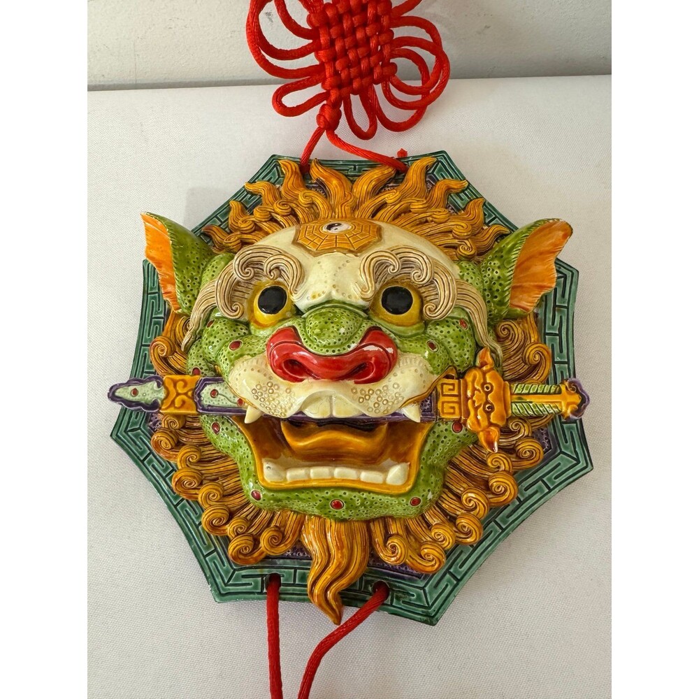 Asian Dragon Foo Dog Head Sword in mouth ceramic wall hanging